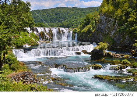 Waterfall Strbacki buk on river Una, Bosnia and Herzegovina. Nature background during summer 117200378