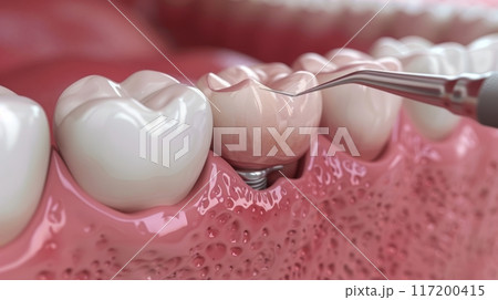 Dental Implant Procedure Close-Up. Close-up of a dental implant procedure, showing the detailed process of implanting a tooth in the gum. Dental Implant Procedure Close-Up. Close-up of a dental implant procedure, showing the detailed process of implanting a tooth in the gum. 117200415