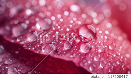 Water Droplets on Pink Flower Petal. Macro shot of water droplets on a pink flower petal, highlighting the delicate texture and vibrant color. 117200417