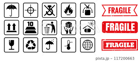Fragile Sticker sign. easy to modify. Isolated on transparent. Fragile, recycle, Handle with care, This side up 117200663