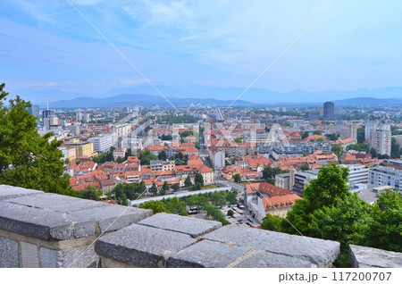 Travel to Europe during summer on holiday, Ljubljana in Slovenia. Top destination. Panoramic view 117200707