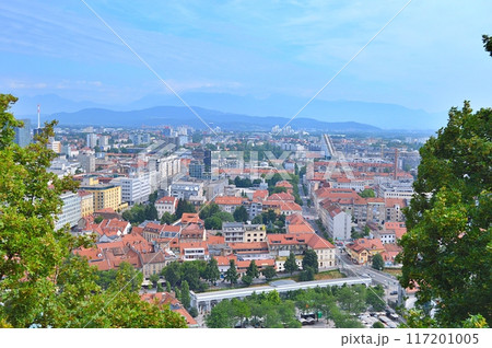Travel to Europe during summer on holiday, Ljubljana in Slovenia. Top destination. Panoramic view 117201005