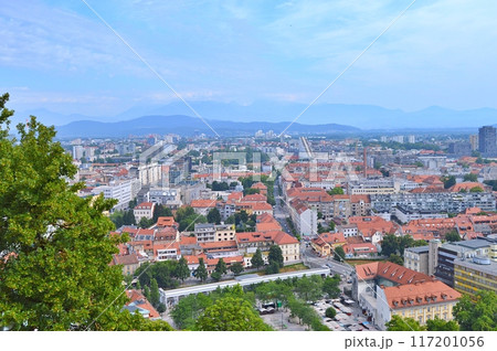 Travel to Europe during summer on holiday, Ljubljana in Slovenia. Top destination. Panoramic view 117201056