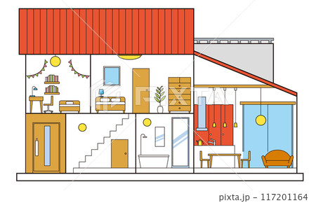 シンプルな吹き抜けの住宅、一戸建て、家の断面図のイラスト　二階建て　白背景 117201164