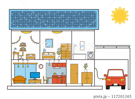 住宅、一戸建て、家の断面図のイラスト　二階建て　駐車場と電気自動車　白背景 117201165