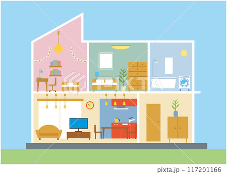 住宅、一戸建て、家の断面図のイラスト　二階建て　青空背景 117201166