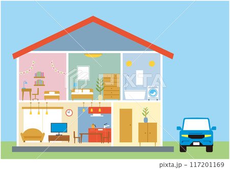 住宅、一戸建て、家の断面図のイラスト　二階建て　自動車　青空背景 117201169