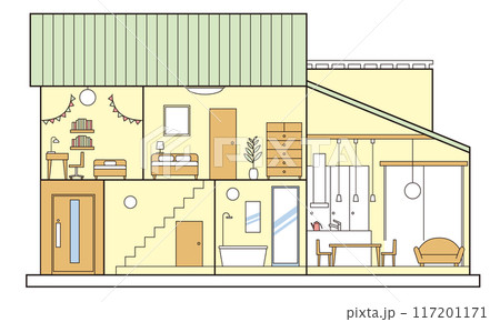 シンプルな吹き抜けの住宅、一戸建て、家の断面図のイラスト 二階建て 白背景 シンプルな吹き抜けの住宅、一戸建て、家の断面図のイラスト 二階建て 白背景 117201171