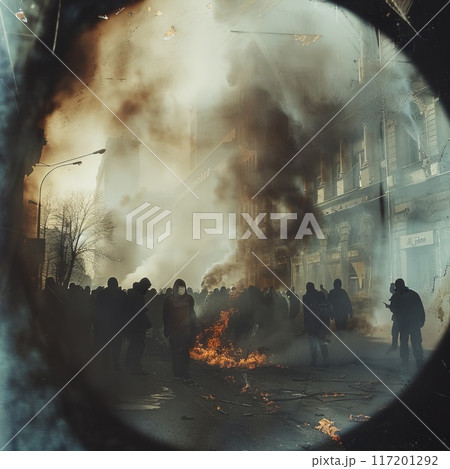view through a lens of street riotsのイラスト素材 [117201292] - PIXTA