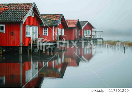 red houses on pillars on a lake 117201299