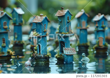 blue houses on pillars on a lake blue houses on pillars on a lake 117201303