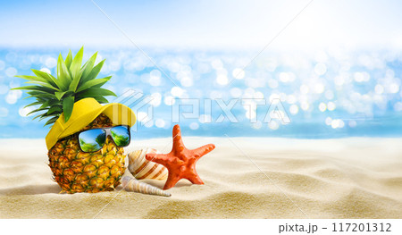 Enjoy a vibrant Pineapple themed Beach Vacation with cheerful Starfish and stylish Sunglasses 117201312