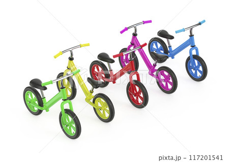 Row with five different balance bikes 117201541