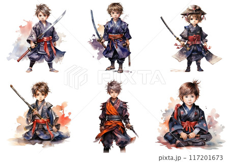 Six Young Samurai Warriors in Traditional Japanese Attire Six Young Samurai Warriors in Traditional Japanese Attire 117201673