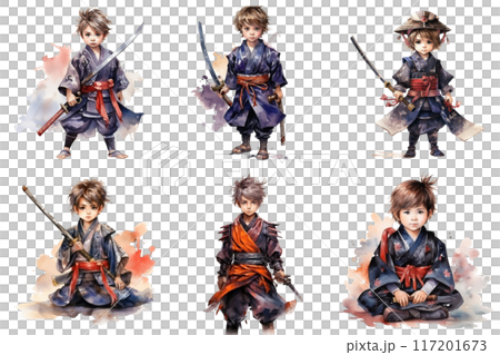 Six Young Samurai Warriors in Traditional Japanese Attire Six Young Samurai Warriors in Traditional Japanese Attire 117201673