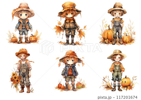 Six Adorable Cartoon Children Dressed in Autumnal Attire 117201674