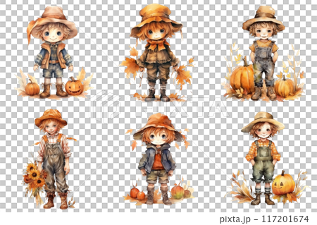Six Adorable Cartoon Children Dressed in Autumnal Attire 117201674