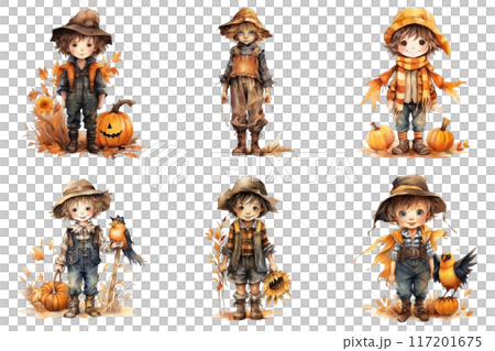 Six Adorable Cartoon Children Dressed in Autumnal Outfits 117201675