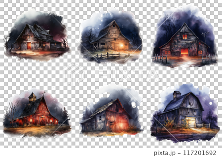 Six Watercolor Paintings of Rustic Barns at Night 117201692