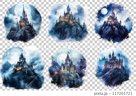 Six Watercolor Paintings of a Castle on a Mountaintop 117201721