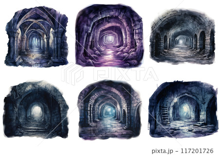 Six depictions of a dark and ominous stone archway corridor 117201726