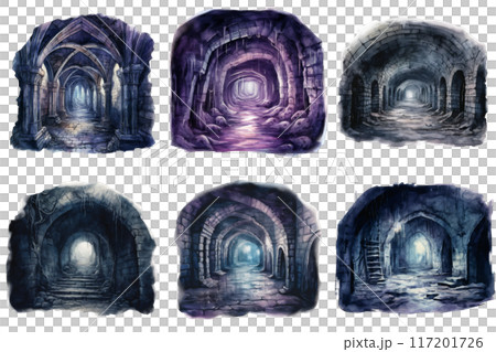 Six depictions of a dark and ominous stone archway corridor 117201726