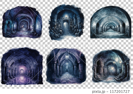 Six depictions of a dark and ominous stone archway corridor 117201727