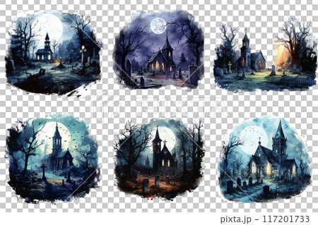 Six Watercolor Paintings Depicting a Church in a Graveyard at Night 117201733