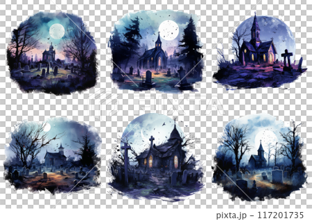 Six Watercolor Paintings of a Church in a Graveyard at Night 117201735