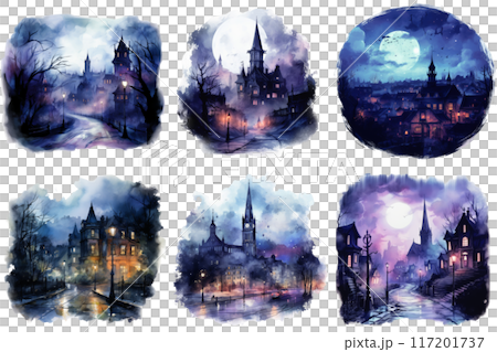 Six Watercolor Paintings of a Town at Night with a Full Moon Six Watercolor Paintings of a Town at Night with a Full Moon 117201737