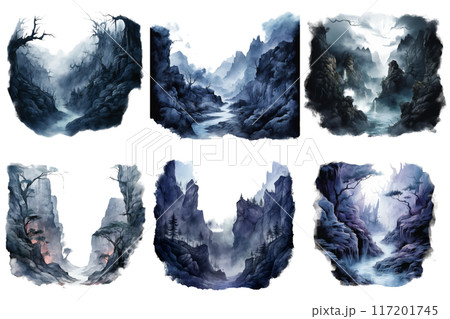 Six Fantastical Mountain Landscapes with Fog, Trees, and Water 117201745