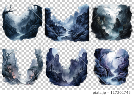 Six Fantastical Mountain Landscapes with Fog, Trees, and Water 117201745