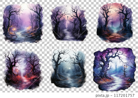 Six Watercolor Paintings Depicting Mystical Forest Paths 117201757