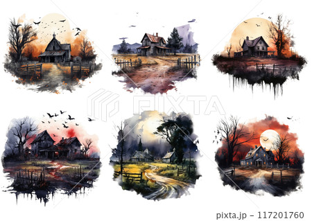 Six Watercolor Paintings of Haunted Houses in Rural Landscapes 117201760