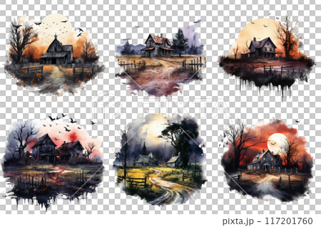 Six Watercolor Paintings of Haunted Houses in Rural Landscapes 117201760