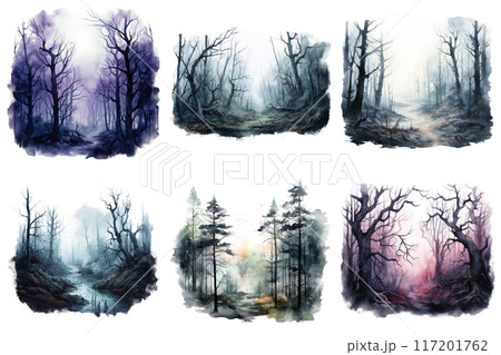 Six Watercolor Paintings Depicting Mystical Forest Scenes 117201762
