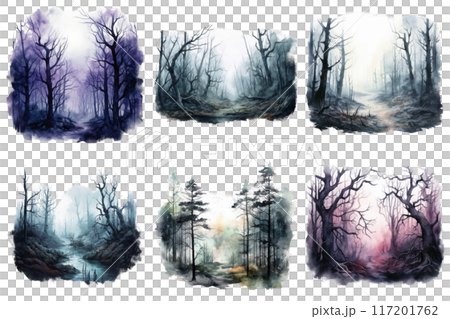 Six Watercolor Paintings Depicting Mystical Forest Scenes 117201762