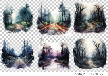 Six Watercolor Paintings Depicting Misty Forest Paths Six Watercolor Paintings Depicting Misty Forest Paths 117201770