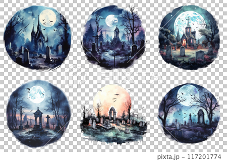 Six Watercolor Paintings of a Graveyard at Night 117201774