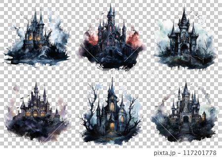 Six Enchanting Gothic Castles Set Against a Watercolor Background 117201778