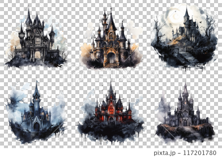 Six Watercolor Illustrations of Dark Castles with Dramatic Lighting and Details 117201780