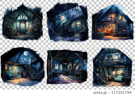 Six Different Views of an Old, Rustic House Interior 117201794