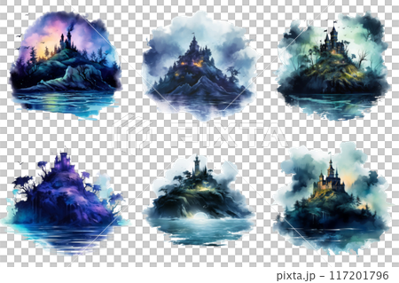 Six Watercolor Illustrations of Castles on Islands in a Mysterious Sea Six Watercolor Illustrations of Castles on Islands in a Mysterious Sea 117201796