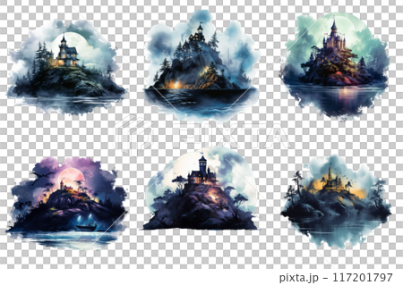 Six Watercolor Illustrations of Castles on Islands Six Watercolor Illustrations of Castles on Islands 117201797