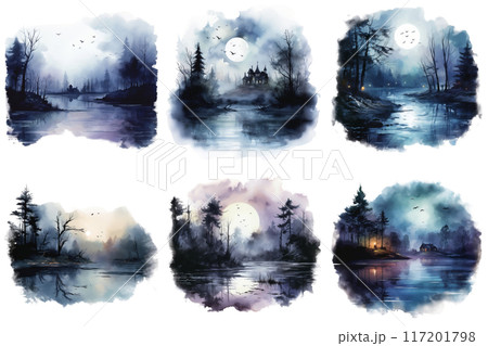 Six Watercolor Paintings of Foggy Forest Scenes with a Full Moon 117201798