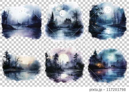 Six Watercolor Paintings of Foggy Forest Scenes with a Full Moon 117201798