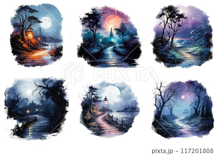 Six Surreal Nighttime Landscapes with Moonlit Pathways and Structures 117201808