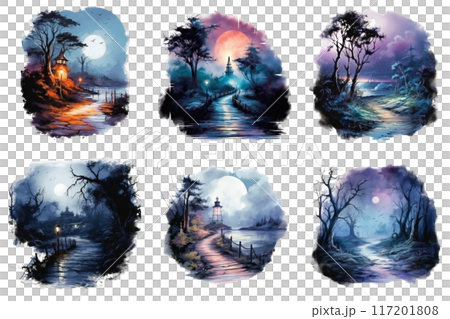 Six Surreal Nighttime Landscapes with Moonlit Pathways and Structures 117201808