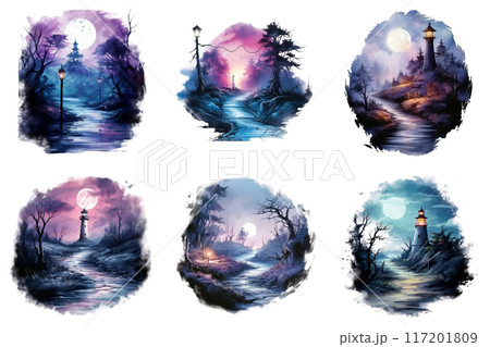 Six Watercolor Landscapes Featuring Lighthouses and Moonlit Paths 117201809