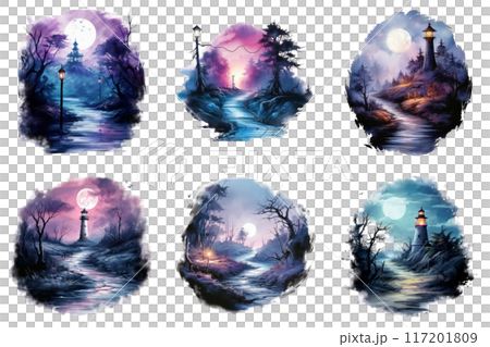 Six Watercolor Landscapes Featuring Lighthouses and Moonlit Paths 117201809